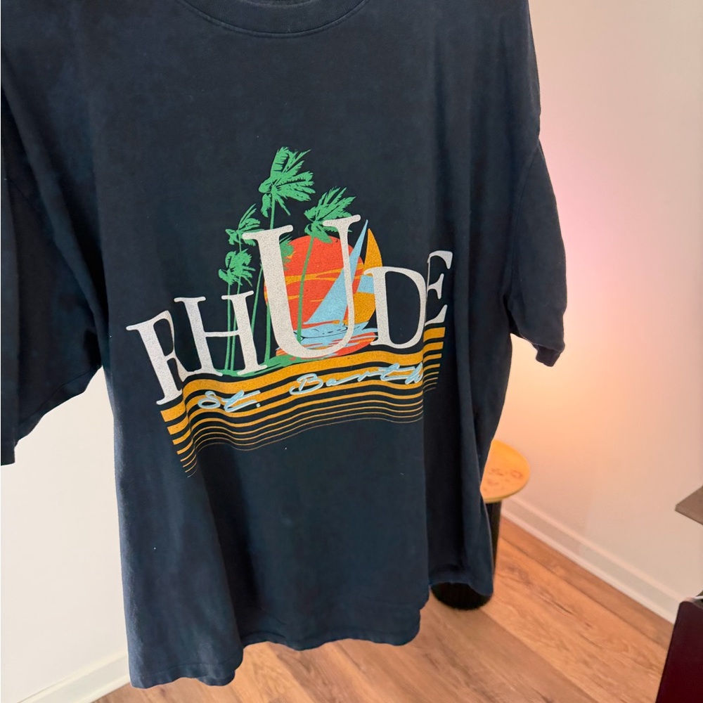 Rhude Navy Tee with Tropical Graphic